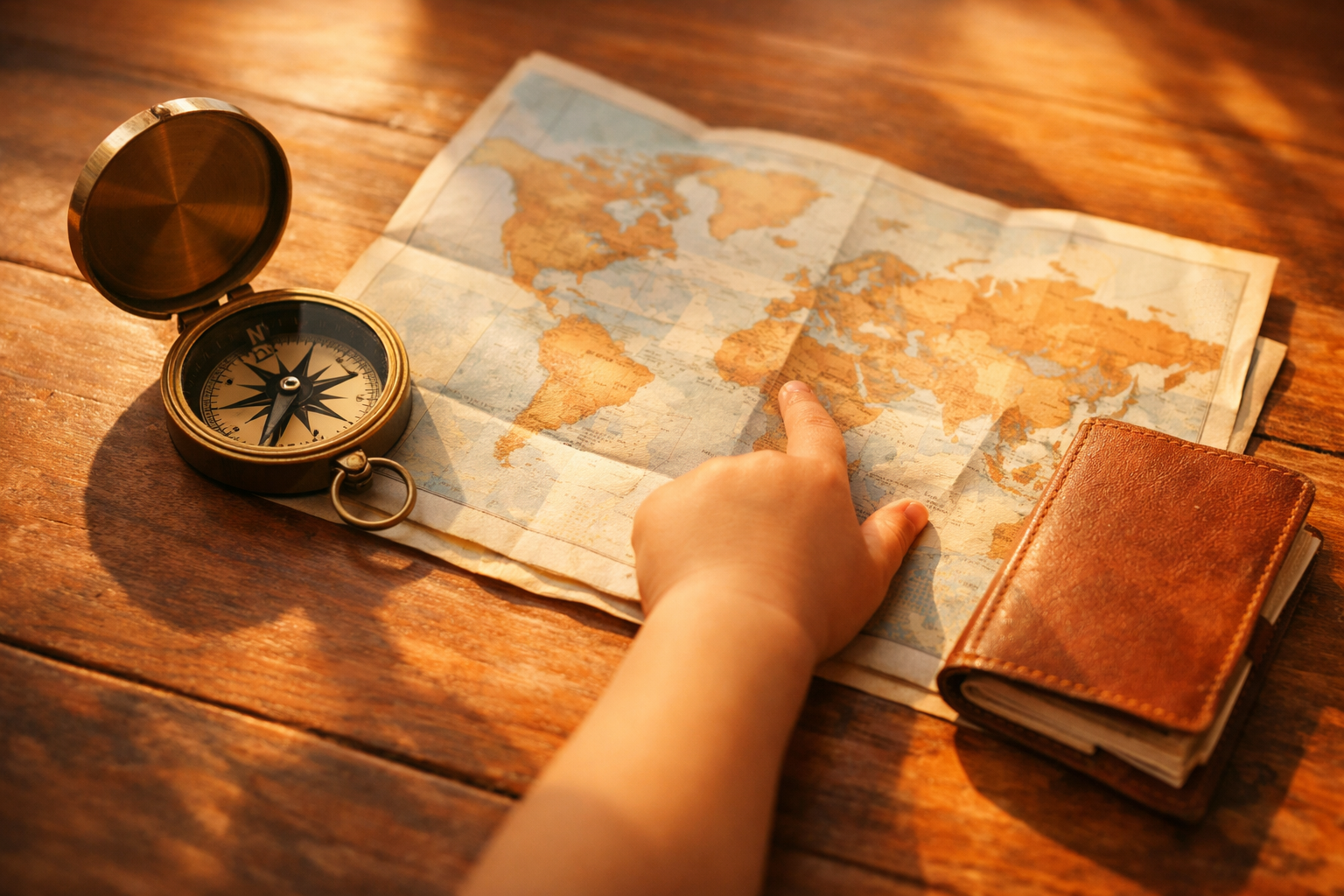 A compass, a folded map, and a child's journal in warm sunlight